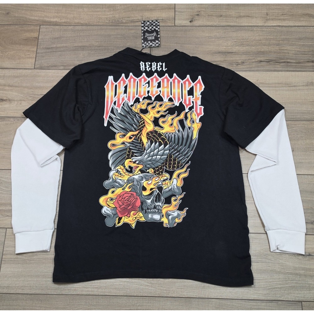 Rebel Vengeance Black Graphic T Shirt Mens XL Skull Eagle Rose Layered Sleeve